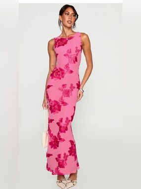 Princess Polly Pink Maxi Dress with Fuchsia Floral Embroidery